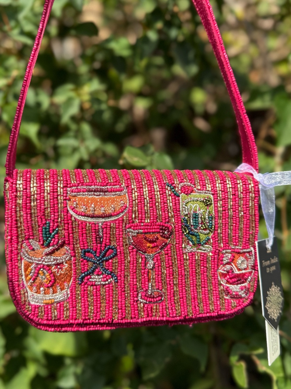 NWT Cocktails Mixed Drinks Pink Gold Striped Made in India Shoulder Beaded Bag